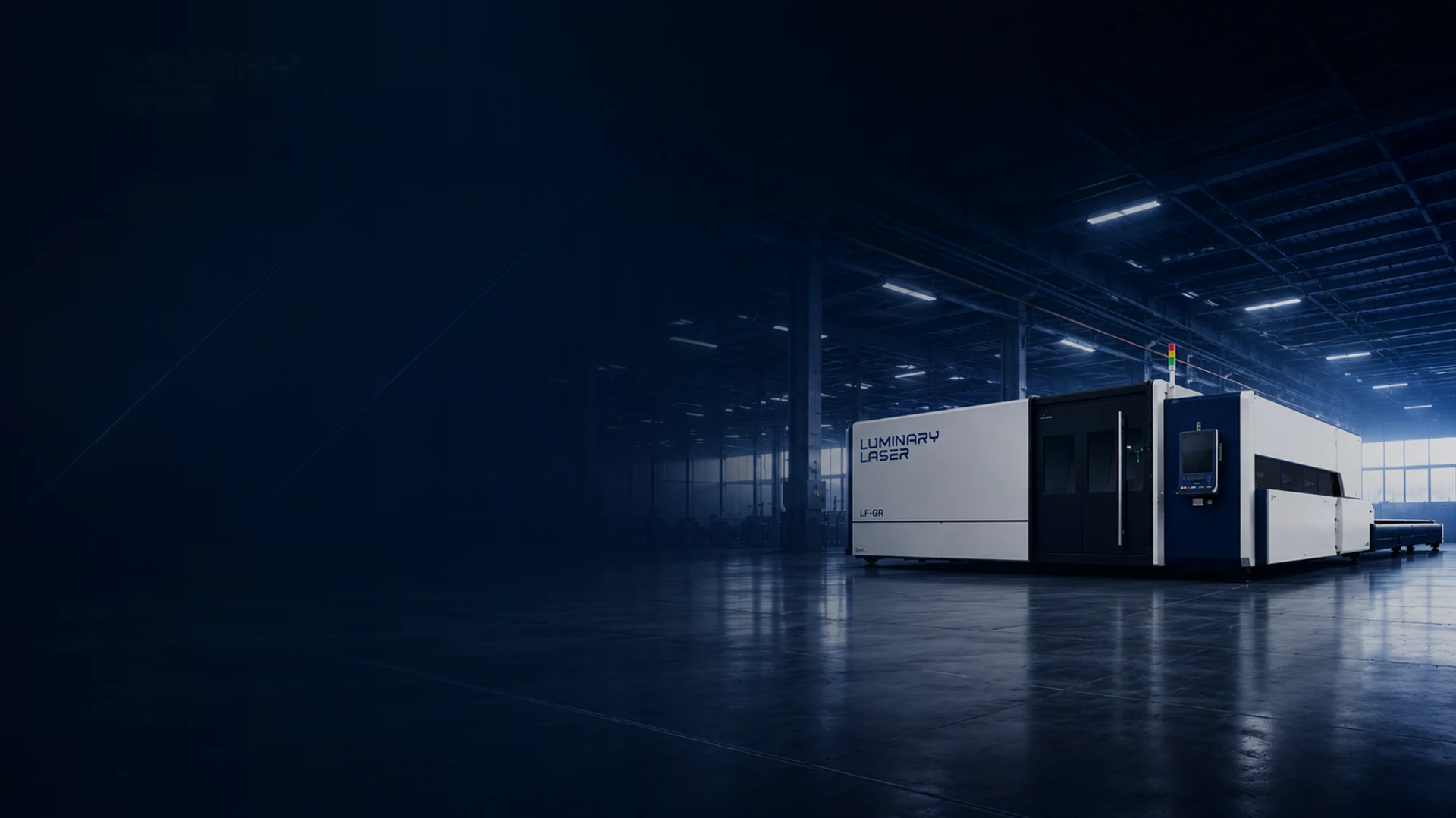 LUMINARY LASER fiber laser cutting machine in a dark modern production facility