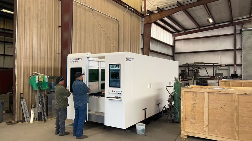 LUMINARY LASER enclosed sheet cutting equipment in a workshop; illustrative equipment photo, not a EuroBLECH exhibit